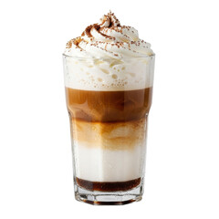 A refreshing layered coffee drink in a tall glass, topped with fluffy whipped cream and a sprinkle of chocolate powder, perfect for menus or advertisements.