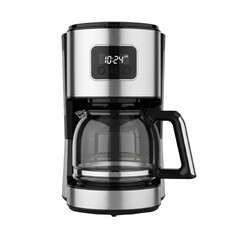 A sleek, modern stainless steel and black drip coffee maker with a glass carafe and digital display, ideal for brewing fresh coffee at home.