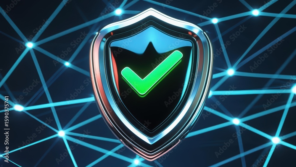 Poster digital security shield with green checkmark representing cybersecurity protection and data safety i