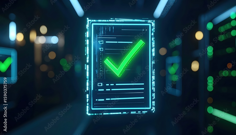 Poster futuristic digital security verification concept with glowing checkmark on ai technology interface i