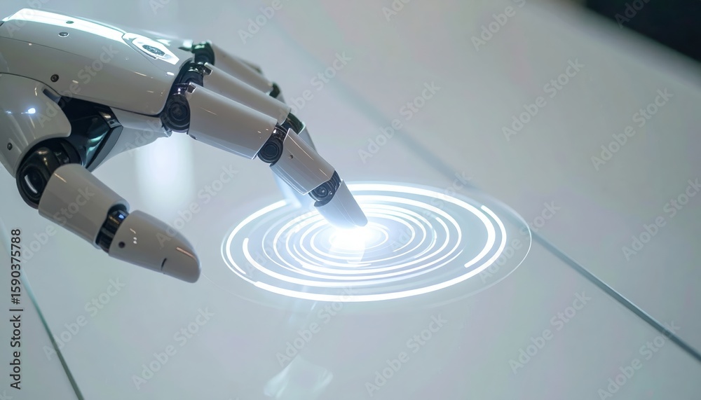 Poster close-up of a robotic hand with a futuristic touchscreen interface showing concentric circles and di