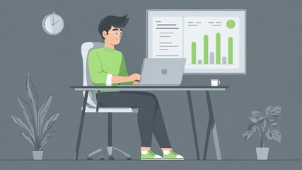 Young man working on laptop in modern office with plants and charts during daytime - Powered by Adobe