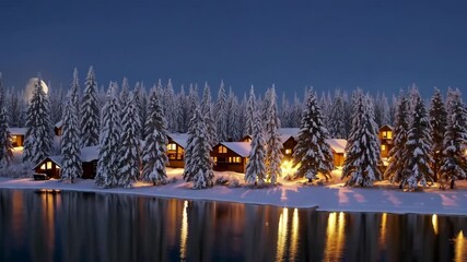 Cozy winter village by moonlit frozen lake with snowcovered trees and rustic cabins - Powered by Adobe