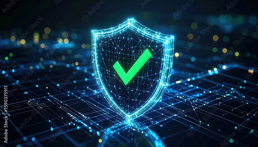 Poster digital security shield with a check mark symbol representing cybersecurity protection and data safe