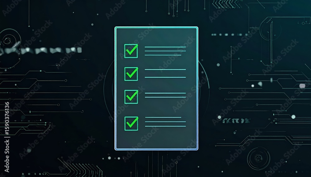 Poster digital checklist or task list on a futuristic screen with glowing checkmarks and lines, representin