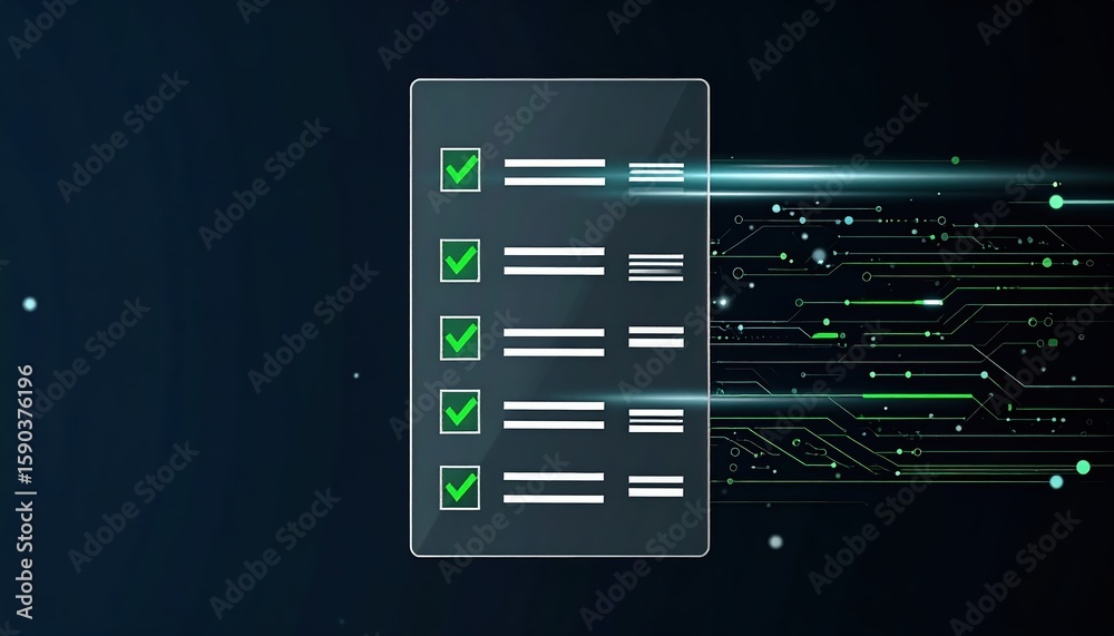 Poster modern digital document checklist with checkmarks and glowing circuit lines on dark background illus