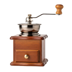 A traditional manual coffee grinder featuring a rich wooden base, a shiny metal hopper, and a classic crank handle. Ideal for fresh coffee preparation.