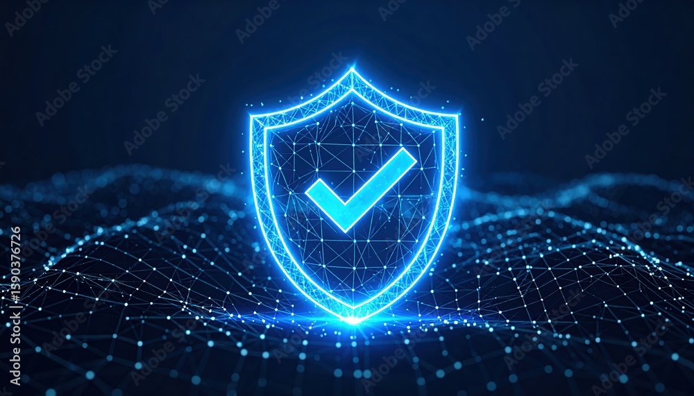 Poster digital security shield icon with check mark representing cyber protection technology and data priva