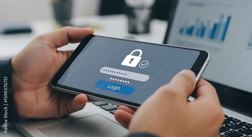 Poster secure mobile login: hands holding smartphone with password input screen and padlock icon, symbolizi