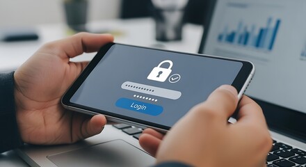 Secure mobile login: Hands holding smartphone with password input screen and padlock icon, symbolizing digital data protection and online security.