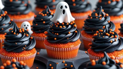 Halloween cupcakes with black frosting, orange sprinkles and ghost figure 
