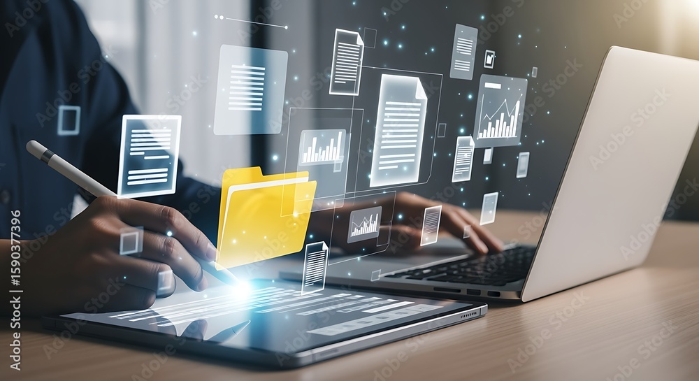 Poster digital document management & data organization. person using laptop and tablet with virtual files a