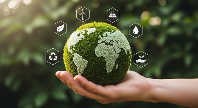 Hand holding green Earth globe with sustainability icons, symbolizing global environmental protection and eco-friendly solutions.