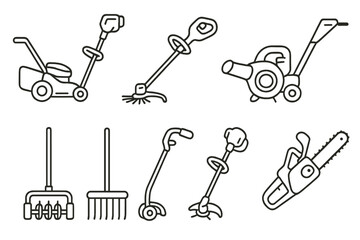 Obraz premium Gardening tools linear icon set. equipment, yard work, landscaping line icons collection