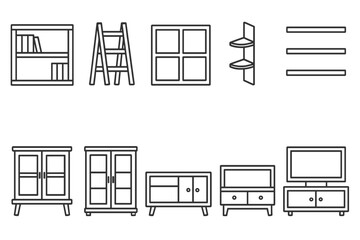 Furniture icon set: line style for bookshelves, cabinets, and tables