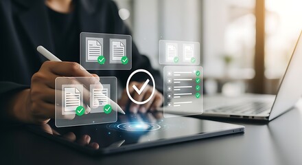 Businessperson managing digital documents on tablet with futuristic interface. Workflow automation, paperless office, and efficiency.