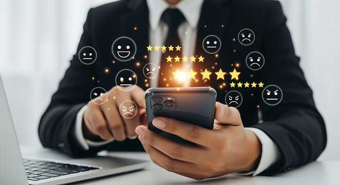 Businessman rating service on smartphone, digital feedback concept with glowing stars and emojis for customer satisfaction. - Powered by Adobe