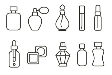 Perfume and cosmetics outline icon set. beauty, fragrance, makeup outline collection