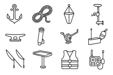 Boating essentials line icon set. nautical, marine, sailing tools outline graphics