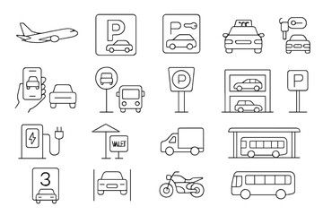 Transportation, travel linear icon set. vehicles, road signs, parking outline collection