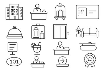 Hotel and hospitality line icon set. reception, accommodation, service icons collection