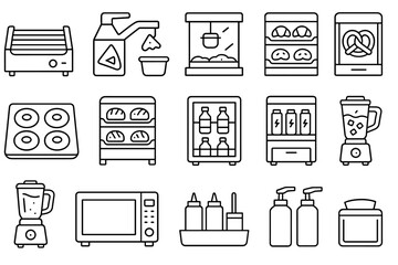 Kitchen appliance outline icon set. blender, oven, fridge line style collection