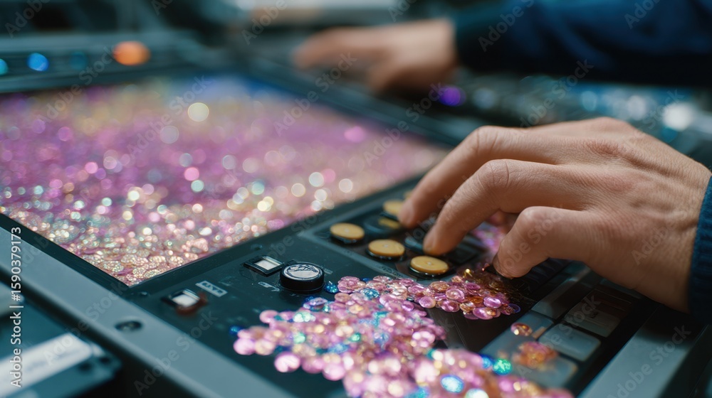 Poster close up of a technician's hands adjusting settings on a digital control panel, which is adorned wit