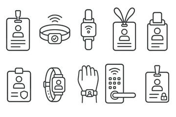Identification and security line icon set. access control, badge, wristband icons pack