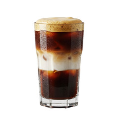 A refreshing layered iced coffee drink with dark coffee, white cream, and frothy foam, served in a tall glass with condensation.