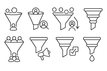 Funnel and marketing line icon set. conversion, sales, strategy, promotion icons