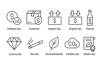 Tax, finance outline icon set. customs, excise, environmental, import, export icons