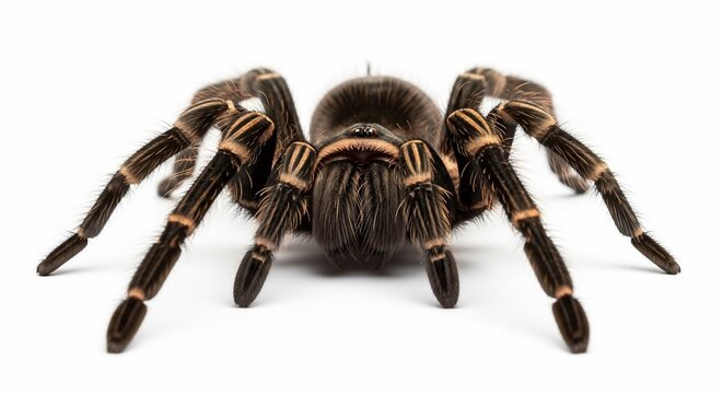 Close up brown tarantula spider arachnid hairy legs wildlife nature exotic pet danger isolated white background