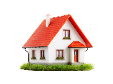 Charming little house model red roof green grass, Isolated On Transparent Background, Png