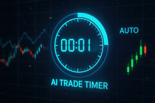 AI trade timer in energy trading with digital clock and candlestick chart for automated market analysis and decision making