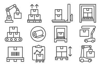 Logistics and supply chain linear icon set. warehouse, packaging, transportation icons