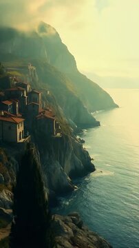 Cliffside Village with Red Roofs Overlooking Calm Sea at Sunrise
