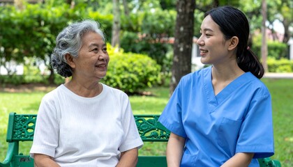 庭のベンチで語らう介護士と高齢者