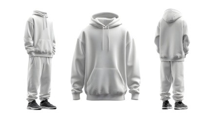 White sweatshirt with hood and sweatpants isolated on white, hooded tracksuit suit mockup