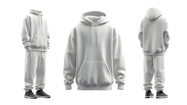 White sweatshirt with hood and sweatpants isolated on white, hooded tracksuit suit mockup