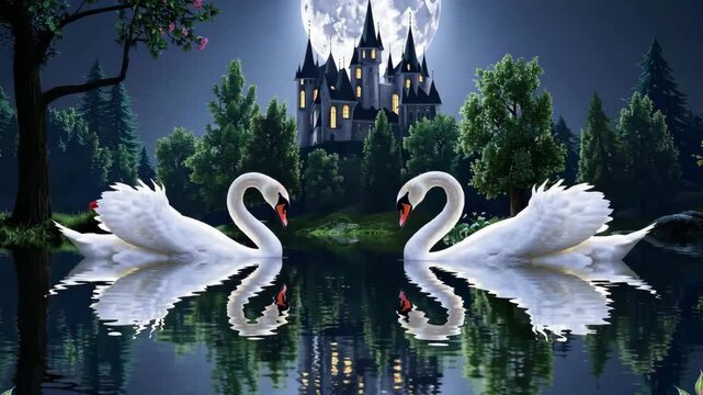 Majestic swans glide gracefully on serene lake under moonlit castle