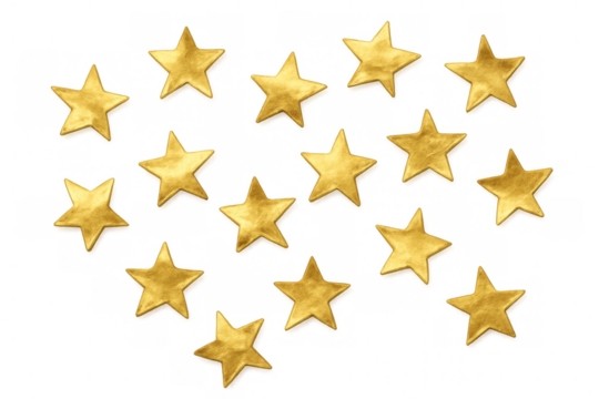 Metallic gold foil stars forming heart-shaped pattern against transparent backdrop