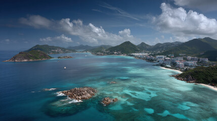 Fototapeta premium breathtaking aerial view of tropical islands showcasing their lush landscapes and vibrant nature