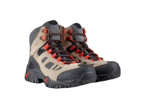 Sturdy hiking boots ready for adventure tan gray red laces, Isolated On Transparent Background, Png
