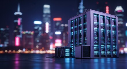 Server racks are transmitting data at night, with a blurred city skyline in the background, representing the concept of cloud computing and big data management in a modern urban environment