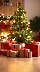 Christmas tree with presents in a cozy living room