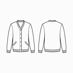 Flat technical drawing template of a cardigan sweater  