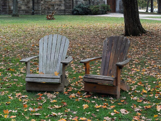 Adirondack chairs with autumn leaves on the lawn