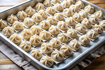 A baking tray filled with neatly arranged uncooked dumplings, partially covered by a white cloth