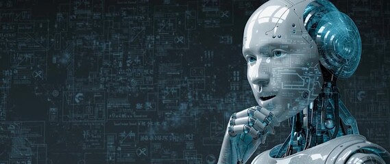 Anamorphic video AI robot head with holographic screens displaying data and code. Concept of artificial intelligence and virtual internet icons - Powered by Adobe