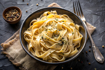 A bowl of creamy fettuccine pasta with black pepper, served with a fork on a textured surface